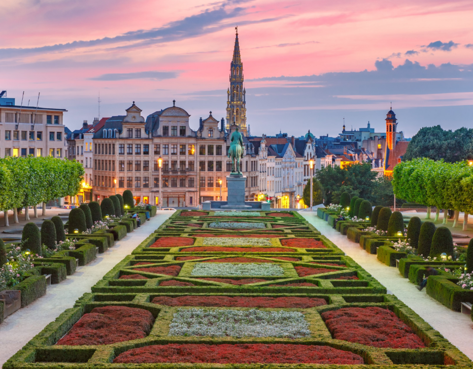 Panoramic view of Mont des Arts in Brussels with its gardens and historic city center buildings