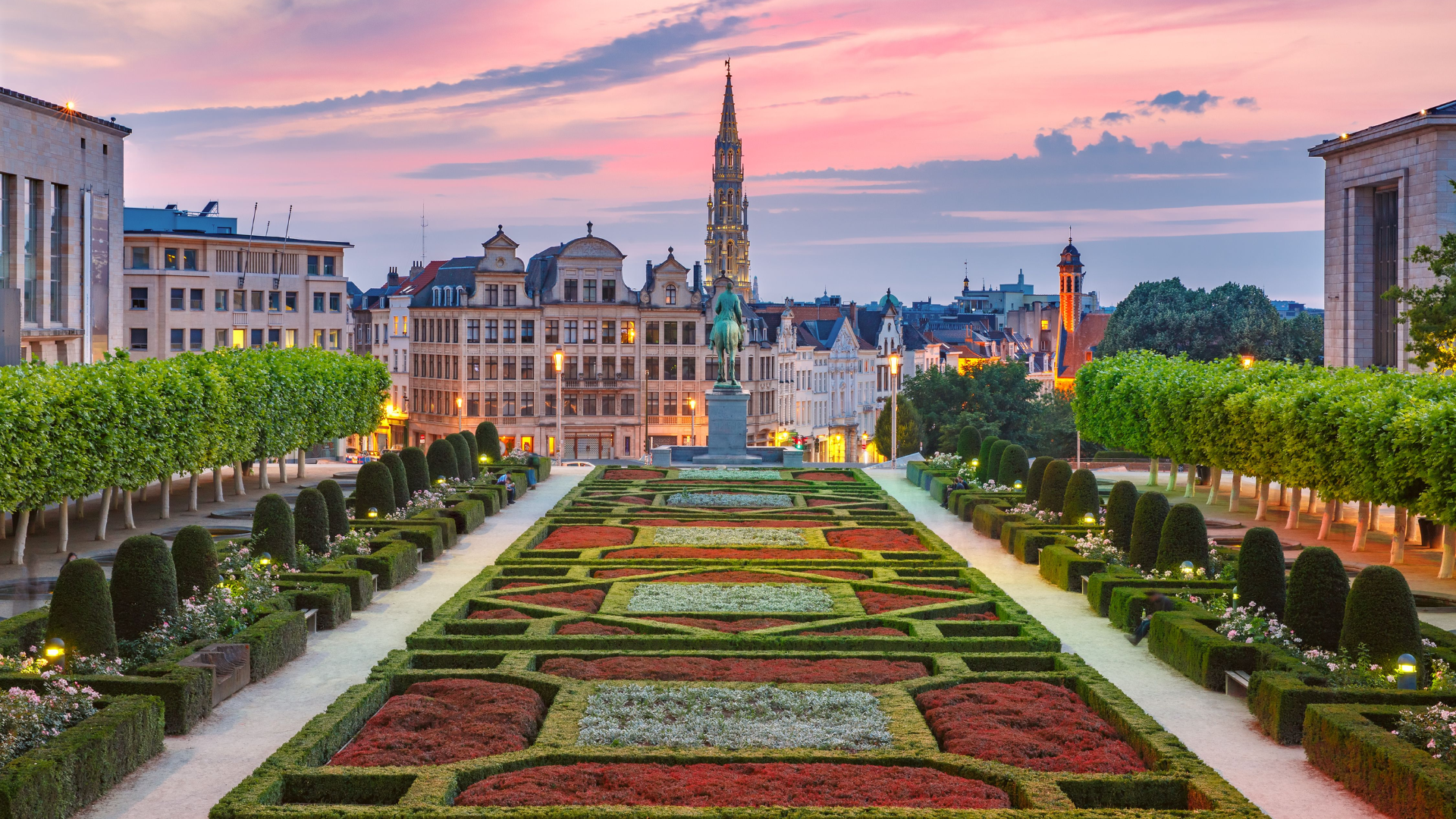 Panoramic view of Mont des Arts in Brussels with its gardens and historic city center buildings